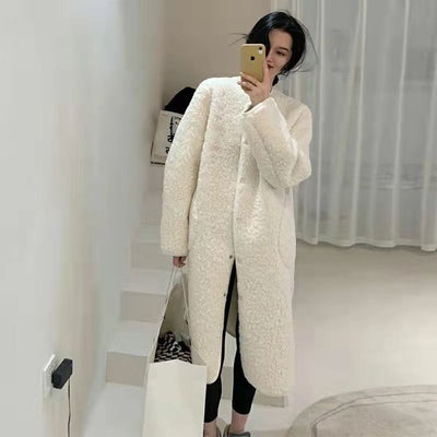 Winter Elegant Warm Long Faux Fur Coat Women Solid Luxury High Quality Soft Lamb Wool Jacket Furry Single Breasted Outerwear