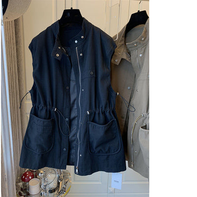 Pockets Cargo Sleeveless Woman Jacket Korean Zipper Stand Neck Coat Autumn New Drawstring Slim Waist Vests