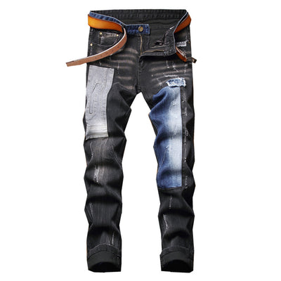 Men's Patchwork Ripped Denim Jeans Mid Waist Slim Black Stretch Pants Trendy Patch Design Spliced Trousers