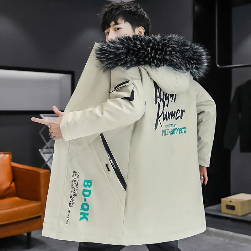 2022 Winter Hooded Long Jacket Fur Collar Fleece Warm Coat Men Casual Personality Print Windbreaker Hip Hop Streetwear