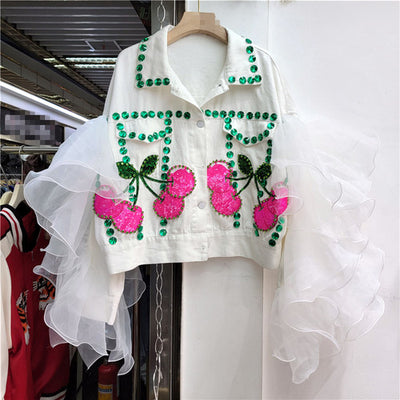 Heavy Sequins Beaded Gem Mesh Stitching White Denim Jacket Women Loose All-Match Short Denim Jacket 2022 New Spring Clothing