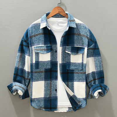 Autumn Winter Men's Plaid Wool Coat Oversize Lapel Pocket Fashion Top Youth Men Color Contrasted Popular Jacket Men Loose Jacket