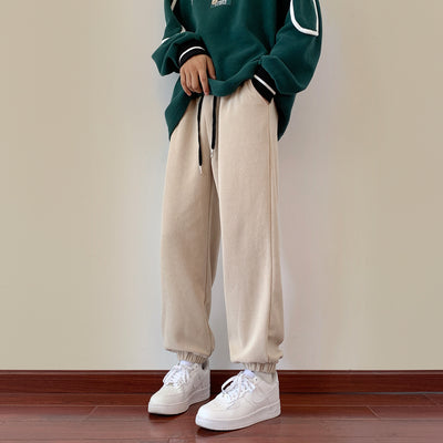 Man Casual Tie Leg Straight Pants Corduroy Solid Color Oversize Trousers Man Warm Korean Streetwear Pants