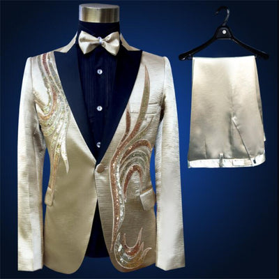 Ternos blazer men groom suit set with pants mens wedding suits singer star style stage gold fashion slim sequins formal dress