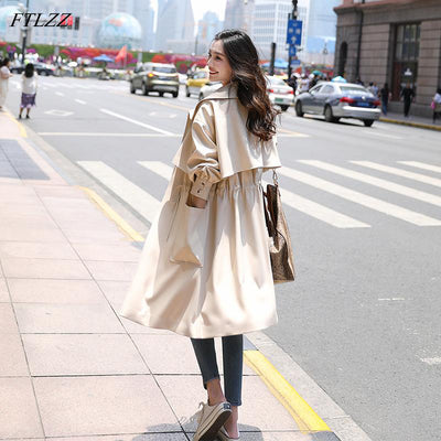 FTLZZ 2021 New Women Spring Long Trench Coat Casual Fashion Streetwear Turn Down Collar Black Outwear Pocket Korean Windbreaker