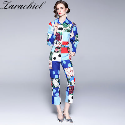 Autumn Fashion Plaid Floral Blue Holiday Women Polka Dot Print Shirt Blouse Tops + Pocket Ankle Length Long Pants Two Pieces Set