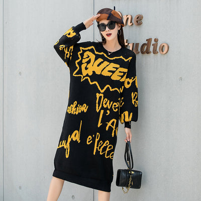 Vefadisa Swomen Long Sleeves Crew Neck Knitting Sweater Dress Loose Mid-length Letter Printing Sweater 2022 Winter LHX2162