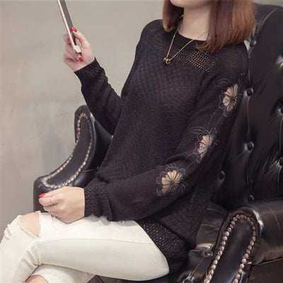 Vintage Temperament O-Neck Floral Knitwear Women's Clothing Hollow Out Spring Summer Loose Slight Strech Pullovers Long Sleeve