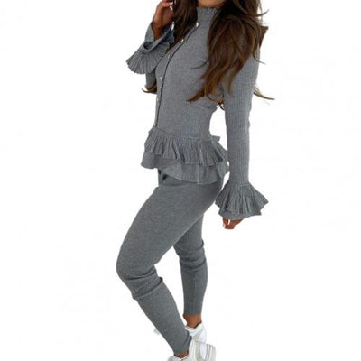 Tracksuit Autumn Women Outfits Chic Long Sleeve Ruffle Buttons Blouse Skinny Pants Set Outfit Suit 2021 Sweatpants Outfits