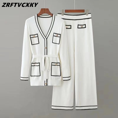 High Quality Autumn Winter Women Trousers Knitting Suits Lace-Up Waist Mid-Length V-Neck Cardigan+Wide-Leg Pants 2-Piece Outfits