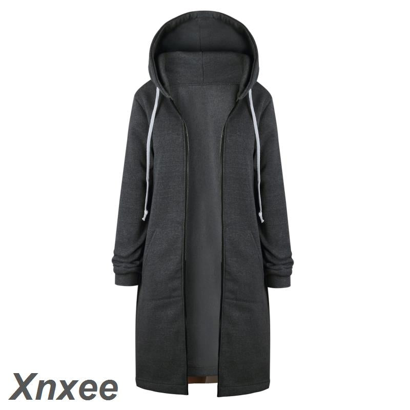 Autumn Winter Coat Women 2021 Fashion Casual Long Zipper Hooded Jacket Hoodie Sweatshirt Vintage Xnxee Outwear Coat