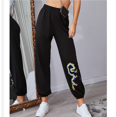 Women Streetwear Pants Harajuku Gothic Vintage Black Harm Pant Dragon Print High Waist Casual Loose Long Trousers Female
