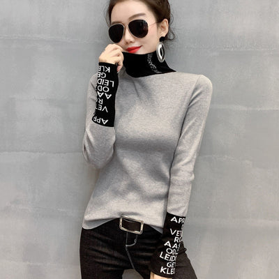 Spring Autumn Knitted Sweater Office Lady Turtleneck Pullover Slim Fit Contrast Sleeves Korean Fashion Sweter Damski