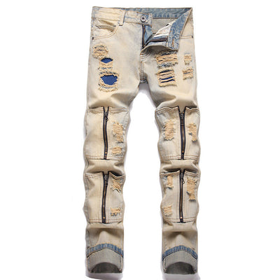 Vintage Hi Street Ripped Pleated Jean Pants Washed Streetwear Zipper Pockets Harajuku Denim Trousers For Male Patchwork