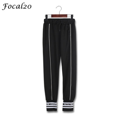 Focal20 Streetwear Letter Print Sporting Women Pants Drawstring Waist Lace Up Loose Full Length Rib Pants Street Trousers