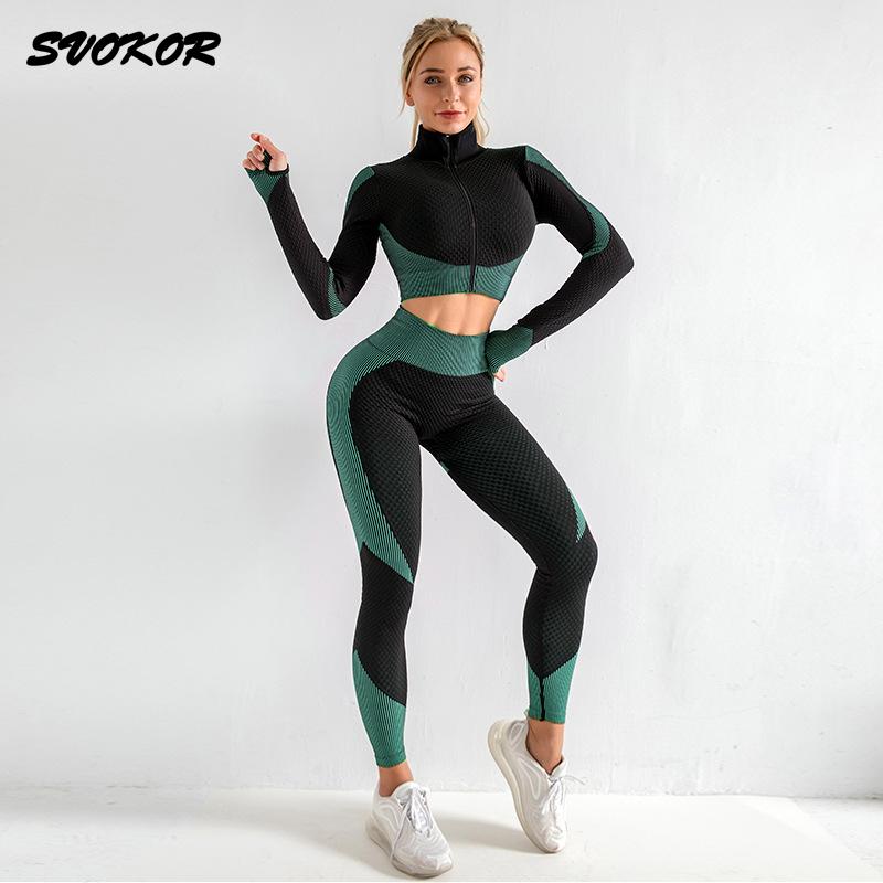 SVOKOR Gym Set Women Seamless Sports Clothing Long Sleeve Sportswear Yoga Bra High Waist Running Fitness Pants Workout Yoga Set