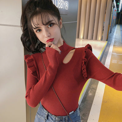 2022 Autumn Winter Ne Half High Collar Sweater Women Ruffles Off-shoulder Long Sleeve Jumper Solid All-match Slim Knit Pullovers