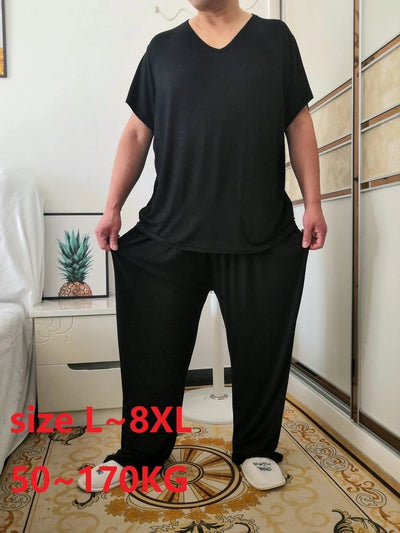 Summer Men Pajamas Sets Modal HomeWear Set plus Size 8XL Soft Comfortable SleepWear Short Sleeve Tops and Long Pants Breathable