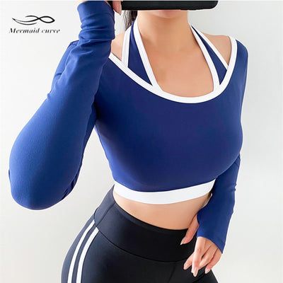 Autumn Fake Two Piece Halter Design Women Gym Dance Training Top With Chest Pad Sexy Yoga Running Long Sleeve Quick Dry T Shirts
