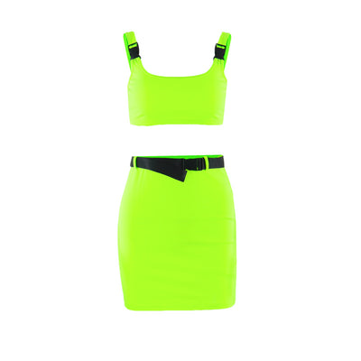 Summer Buckle Band Skrit 2 Piece Set Women Neon Green Pink Streetwear Sets Belt Fashion Sexy Beach Outfits Casual Clothing