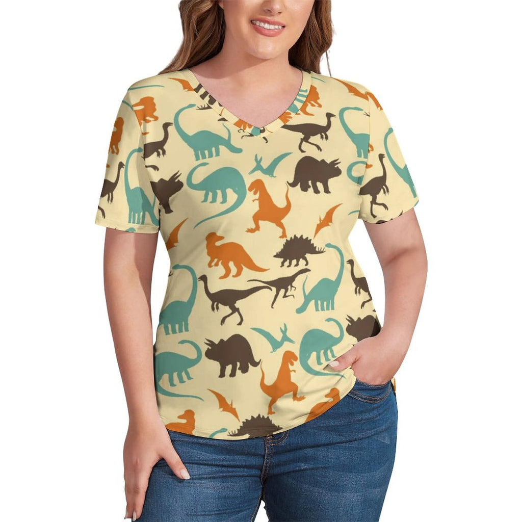 Funny Dinosaurs T Shirt Colorful Animal Print Aesthetic T-Shirts V Neck Short Sleeve Tops Street Wear Top Tees Plus Size 4XL