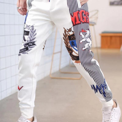 Summer White Ankle-Tied Sports Pants Thin Men&#39;s Casual Trousers Korean Printed Slim Harem Pants Streetwear Jogging Pants Men