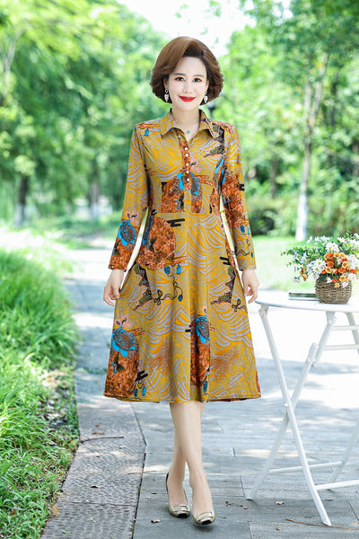spring and summerLadies Dress Elegant Flower long sleeves Midi shirt collar Dress for Womens