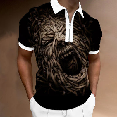 Men's High Clothing Polo Shirts 2022 Summer New Fashion Skull Print Casual Short Sleeve T Shirts Men's Lapel Zip Polo Shirts