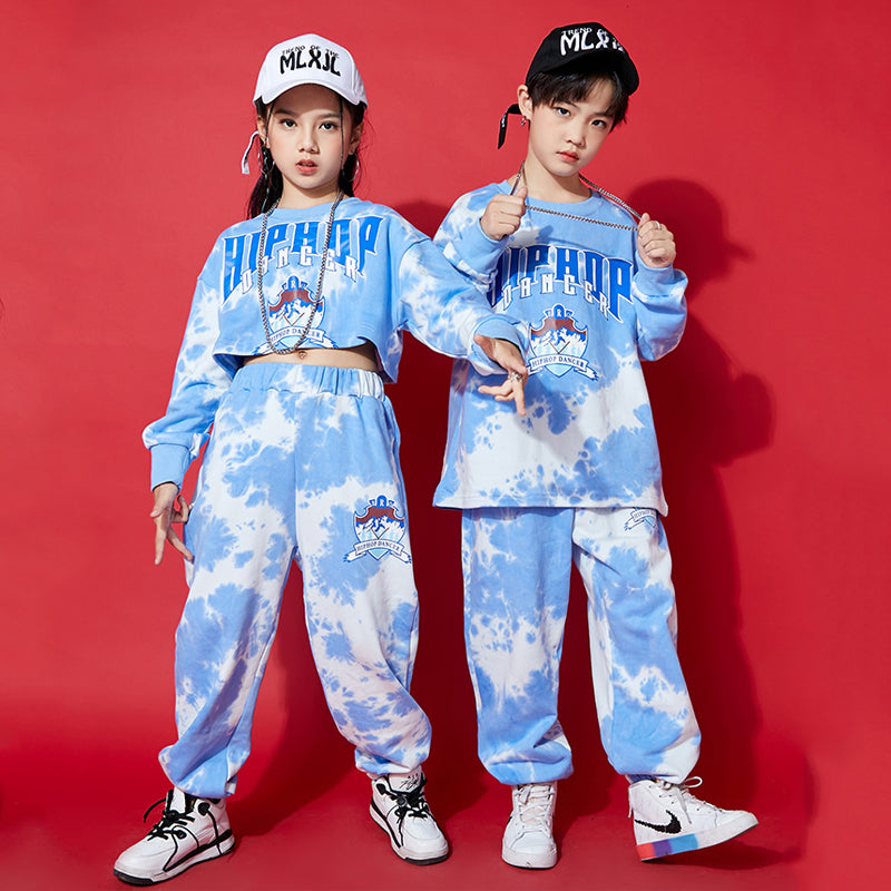 Jazz Dance Costume Girls Crop Tops Tie Dyed Suit Boys Hip Hop Costume Modern Dancing Clothes Long Sleeves Casual Wear DNV15449
