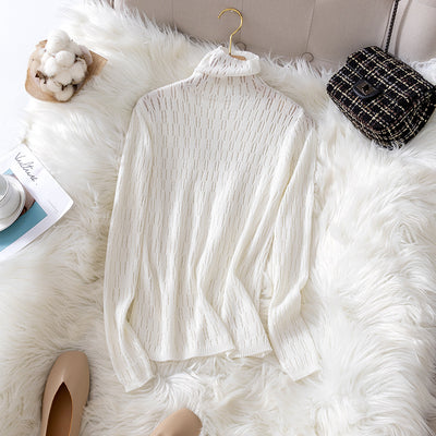 Pile Collar Womens Sweater Fashion Hollow Out Wool Pullovers Top Cashmere 2021 Spring Autumn Thin Solid Turtlenecks Sweaters