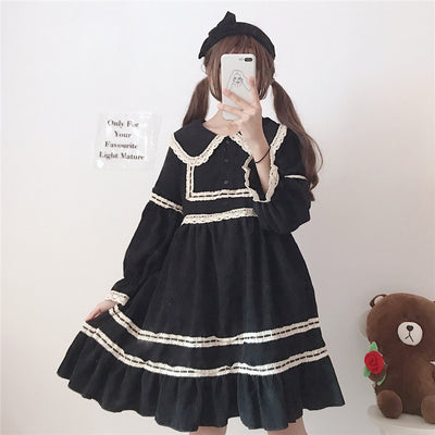 Lolita Dress Corduroy Long Sleeves High Waist Lace Doll Collar Cute Sweet Girls Women Dress