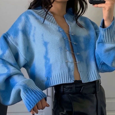 Sexy club tie-dye hollow out loose crop sweaters women 2021 autumn fashion Casual long sleeve breastpin button knitwear