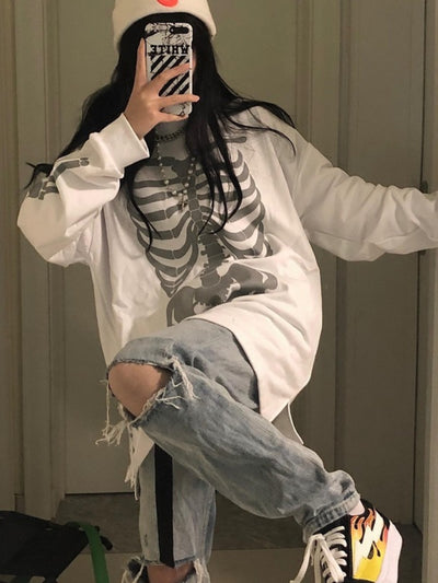 HOUZHOU Goth Grunge Skull Print Women Sweatshirts Oversize Black Crewneck Long Sleeve Gothic Hoodies Fall 2021 Streetwear Tops