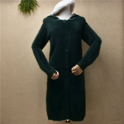 HANKERL ladies women fashion hooded hairy soft angora  fur knitted slim long sweater cardigans cashmere fall winter jacket