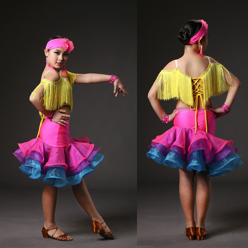 Kids Tassels Latin Salsa Ballroom Stage wear Dance Competition Dresses Costumes for Girls Dancer Wear Dancing Clothes