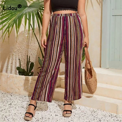 Plus Size Vintage Striped Printing Knitted Wide Leg Trousers Women 2022 New Spring Summer Casual Loose Nine Points Pants Trend