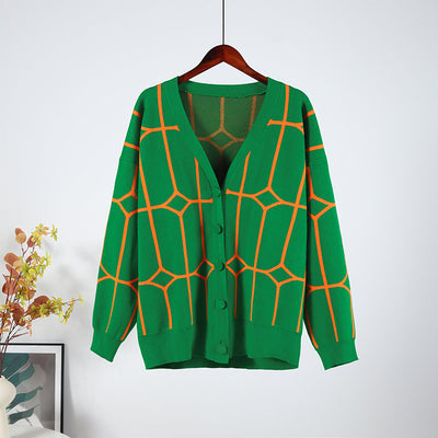 Women Sweater Cardigan Elegant Green Striped Knitted Women's Clothing Autumn Winter 2022 Long Sleeve Coats Female Print Sweaters