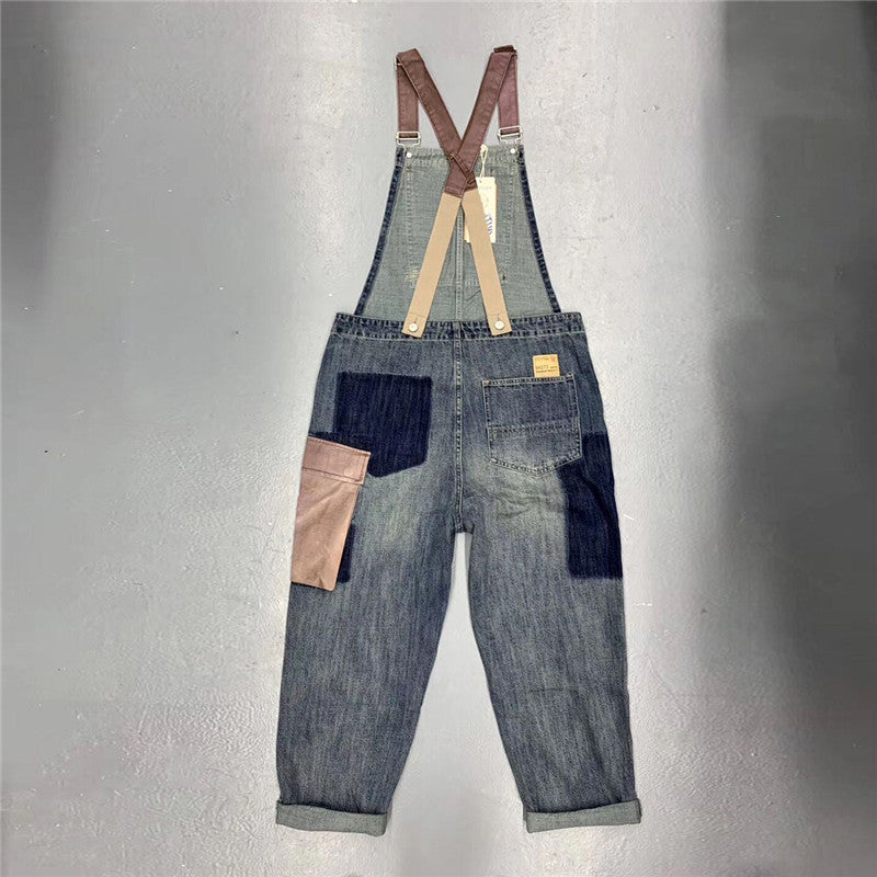 Men&#39;s Fashion Vintage Hip Hop Denim Bib Overalls With Big Pockets Harajuku Harem Jeans Jumpsuits Retro Workwear Suspender Pants