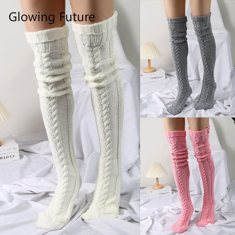 Fashion Knit Over Knee Stockings Winter Extended Woolen Solid Color Knee High Socks Keep Warm Breathable Sexy Woman High Socks