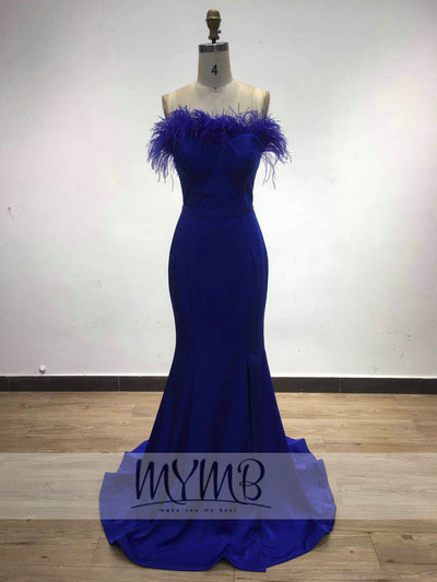 MYMB 2022 Nice Prom Dress Feather Applique Mermaid Crepe Evening Dress Sexy Bodice Split Scoop Neck Girls Graduation Party Gown