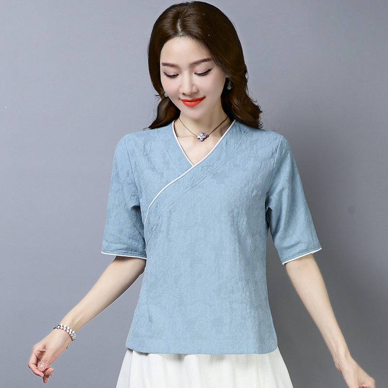 Summer Retro Women Shirt Sexy V-neck Tang Sit Short Sleeve Blouse Cotton Linen Tang Shirt Elegant Female Cheongsam Tops