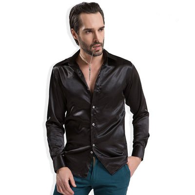 Men's Party Fashion Trend Tuxedo Shirts Bright Colors Silk Smooth Long Sleeves Solid Color Buttons Shirt for Men
