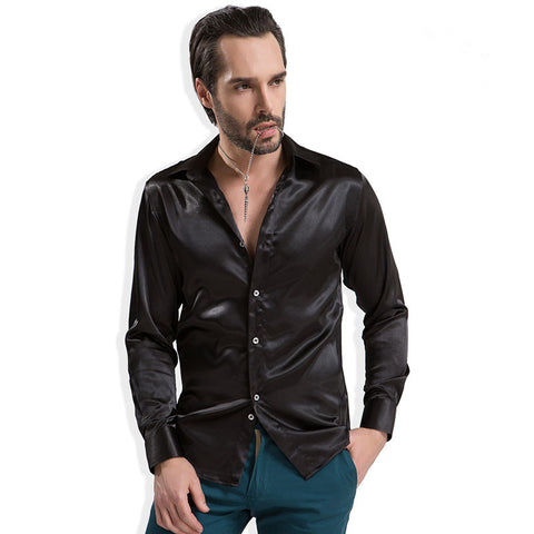 Men&#39;s Party Fashion Trend Tuxedo Shirts Bright Colors Silk Smooth Long Sleeves Solid Color Buttons Shirt for Men