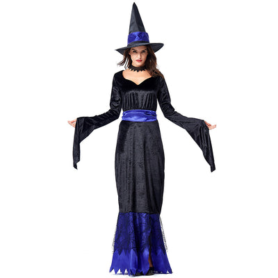 Gothic Witch Dress for Halloween Party Sexy Floor Length Devil Halloween Costume Mesh Lace Irregular Black Fancy Party Dress