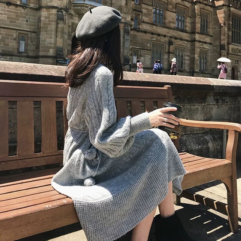 Slim Twist Autumn Winter Sweater Dress Knitted Women Sweaters Pullover Long Sleeve Round Neck Pullovers Knit Sweater Dress Warm