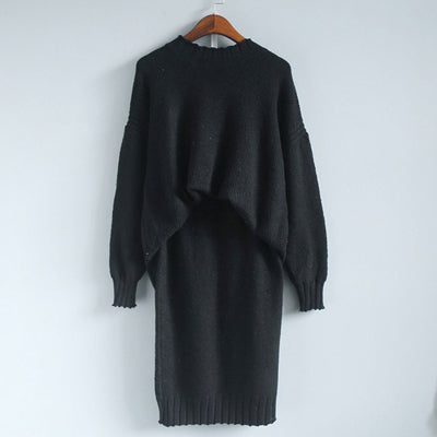 Women 2 Pieces Sweater Dress Set Knitting Long Sleeve Office Wear Black White Red Pullover Knit Split Skirt Clothing Suit 2021
