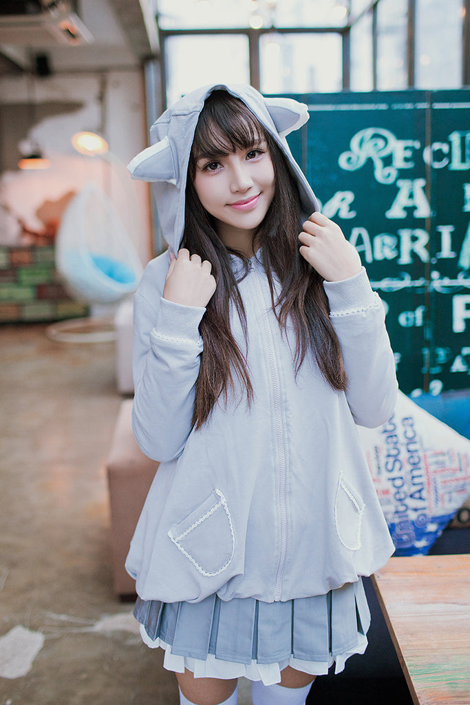 Girls Cute Lolita Hoodie Animal Style Raccoon Tail Zip Jacket Long Sleeve Coat Outwear White Shirt Gray Coat Gray Skirt Set