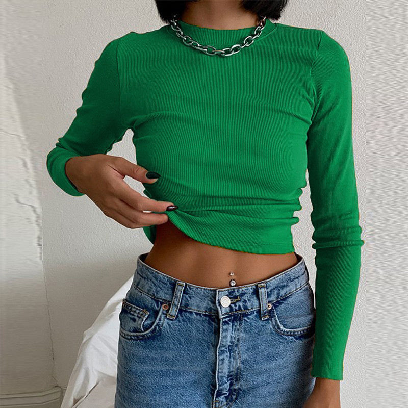 Autumn Spring Casual Simple Style T-shirts Women Solid Long Sleeve Round Neck Slim Fit Ribbed Crop Tops Ladies Basic Tees S M L
