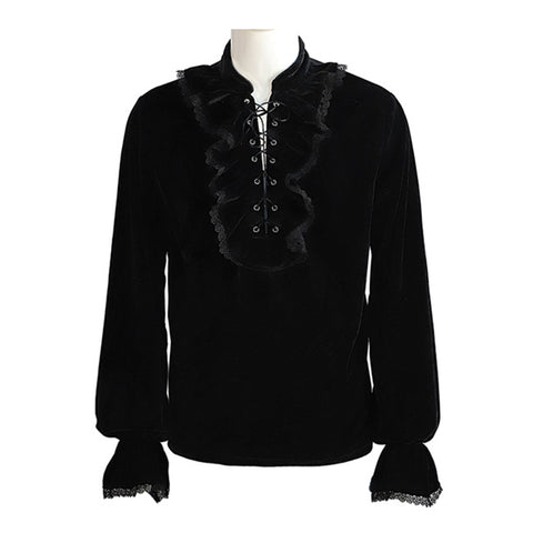 Red Lace Up Ruffle Stand Collar Long Sleeve Steampunk Pirate Cosplay Top Medieval Victorian Shirt Gothic Vintage Clothes For Men