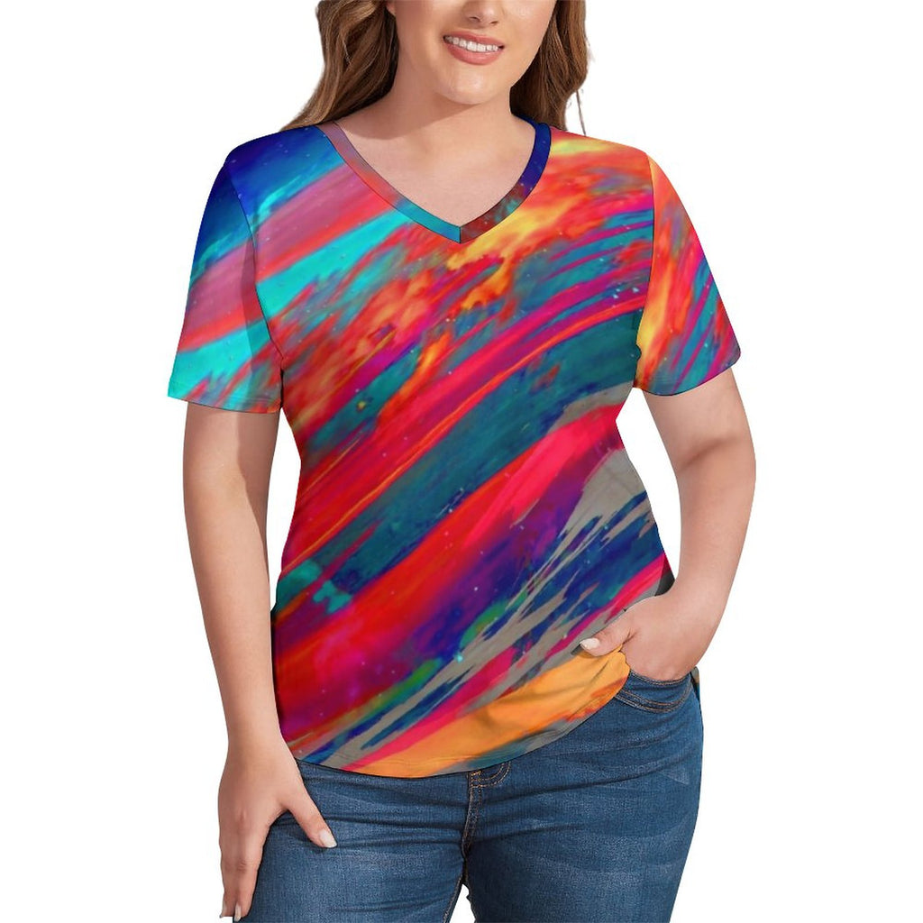 Sunset Colors T Shirts Abstract Art Print V Neck Classic T Shirt Short-Sleeve Woman Elegant Tshirt Summer Printed Tees Plus Size